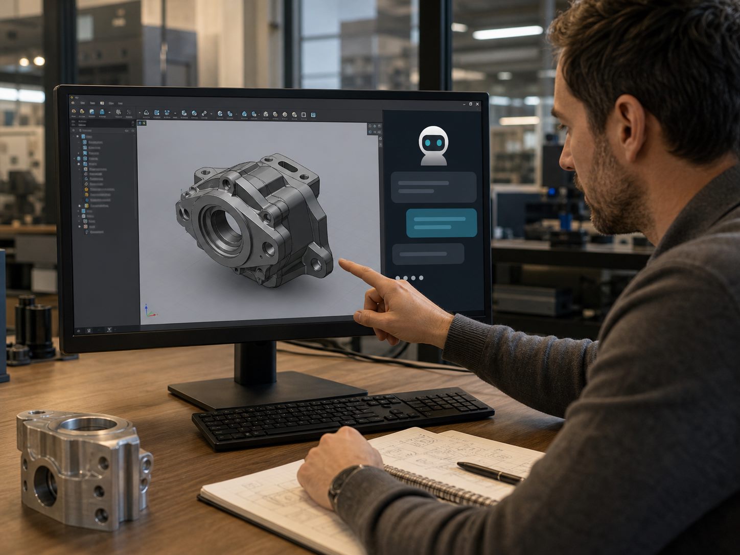Pièce 3D CAD avec agent IA sur un écran